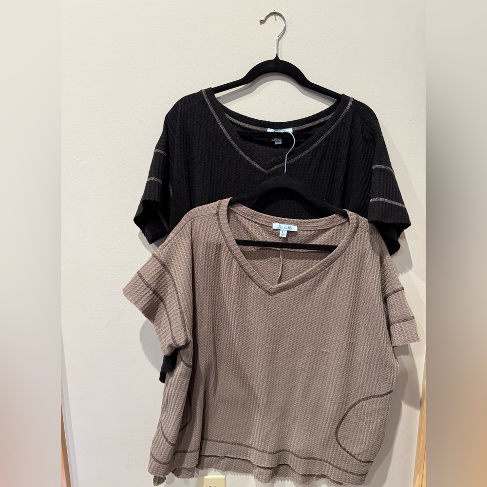 She + Sky V-Neck Knit Tops - Black and Tan